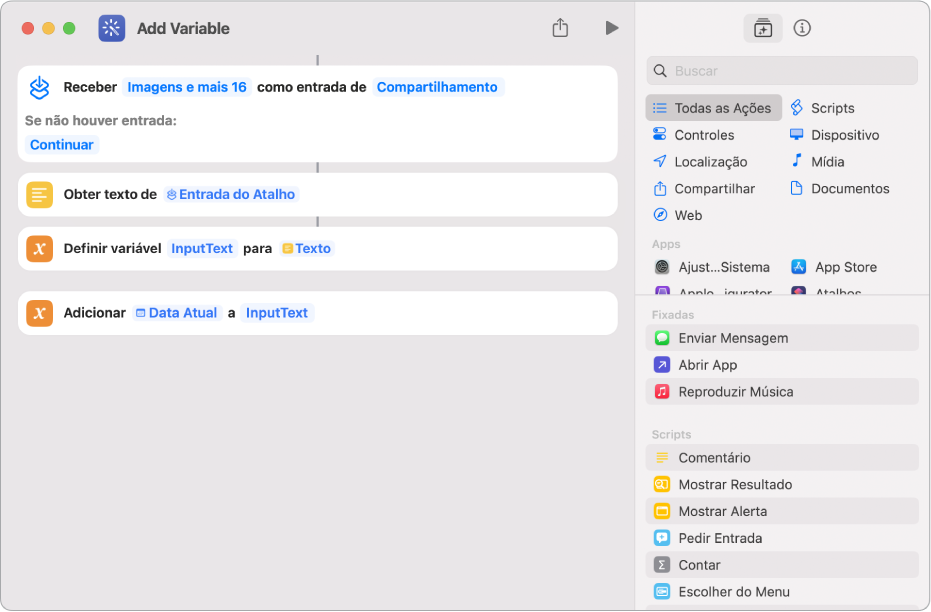 Ações Definir Variável e “Adicionar à Variável” no editor de atalhos.