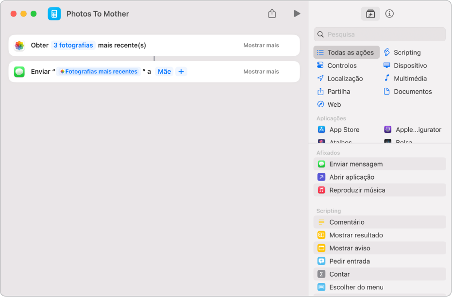 Atalho com uma ação “Obter fotografias mais recentes” e uma ação “Enviar mensagem“.