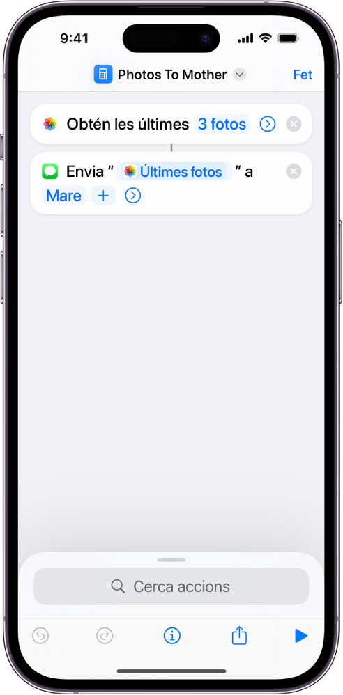 Drecera que conté una acció “Obtenir les últimes fotos” i una acció “Enviar missatge”.