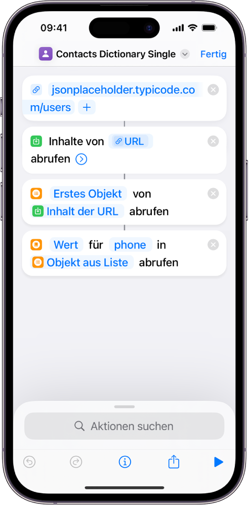 Die Aktion „Wörterbuchwert abrufen“ wird im Kurzbefehleditor mit dem auf „phone“ eingestellten Schlüssel angezeigt.