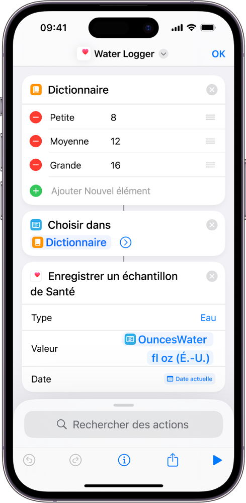 Action Choisir dans la liste après un élément de dictionnaire.