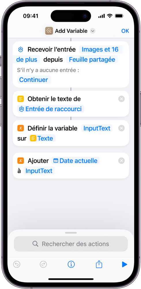 Actions Définir la variable et Ajouter à la variable dans l’éditeur de raccourci.