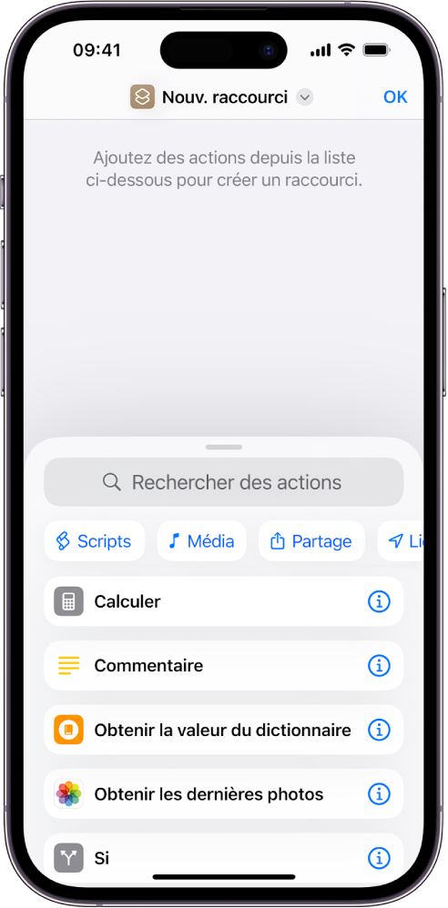 Éditeur de raccourcis vide sur un iPhone.