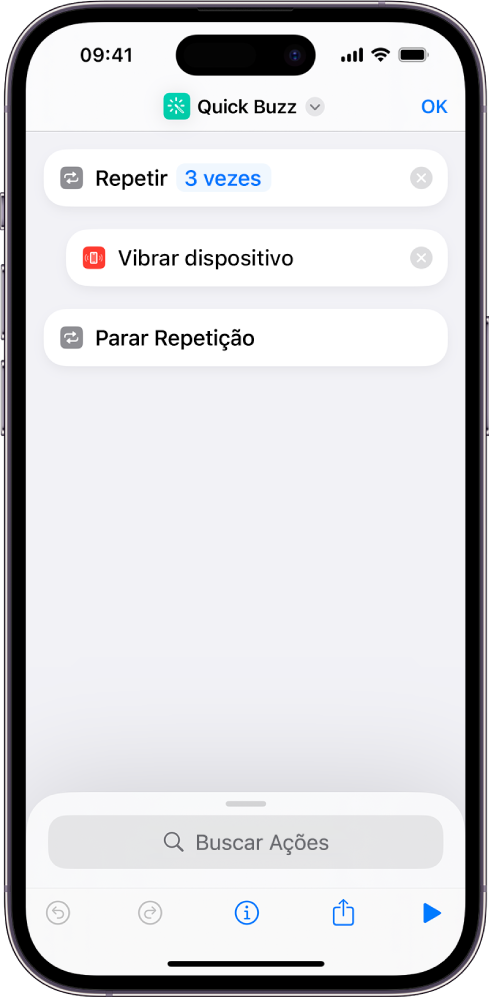 Ação Vibrar Dispositivo definida para repetir três vezes.