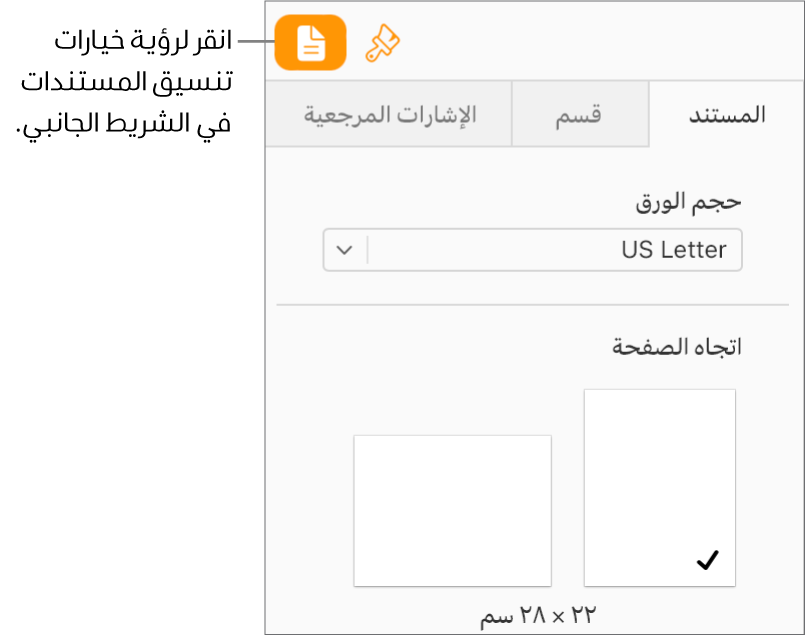 يتم تحديد الزر "مستند" في شريط الأدوات، وتظهر عناصر التحكم الخاصة بتغيير حجم الورق واتجاهها في علامة التبويب "مستند" في الشريط الجانبي.