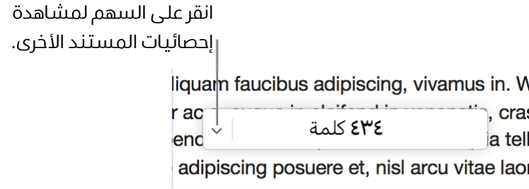 القائمة المنبثقة لإحصائيات المستند تُظهر تعداد الكلمات.