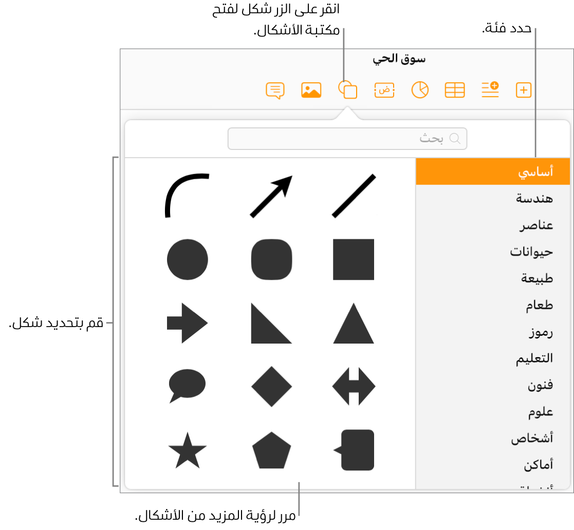 تكون مكتبة الأشكال مفتوحة أسفل الزر "شكل" في شريط الأدوات. يتم تحديد الفئة "أساسي" الموجودة إلى اليمين، ويتم عرض بعض الأشكال المشتركة (بما في ذلك الدوائر والمربعات والخطوط) إلى اليسار.