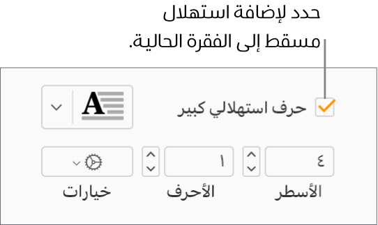 خانة اختيار الحرف الاستهلالي الكبير محددة، وتظهر قائمة منبثقة على يسارها؛ تظهر عناصر التحكم لإعداد ارتفاع السطر وعدد الأحرف والخيارات الأخرى أسفلها.