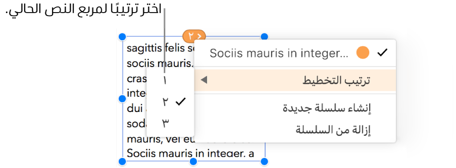 يظهر مربع نص مرتبط محددًا، وسيتم فتح قائمة منبثقة بجوار الدائرة الموجودة أعلى مربع النص. في القائمة المنبثقة، يتم تحديد عنصر قائمة "ترتيب التخطيط"، وتعرض قائمة منبثقة ثانية الأرقام 1 و 2 و 3؛ حيث يحتوي الرقم 2 على علامة اختيار بجانبه للإشارة إلى أن هذا هو مربع النص الثاني في السلسلة.