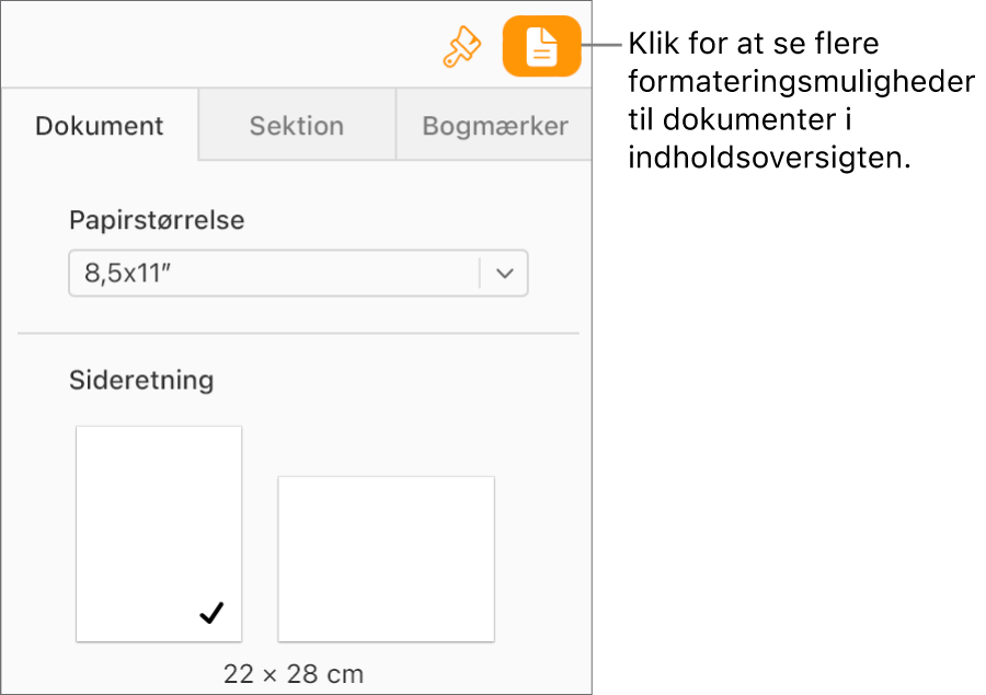 Knappen Dokument er valgt på værktøjslinjen, og funktioner til ændring af papirstørrelse og -retning vises på fanen Dokument i indholdsoversigten.