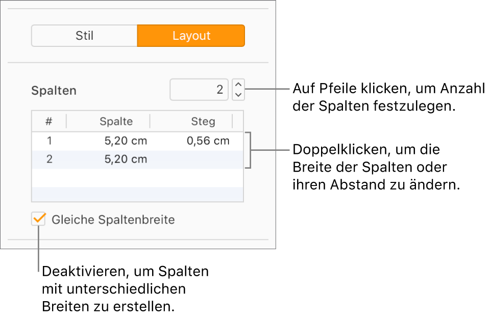 Die Steuerelemente für die Textspalten im Bereich „Layout“ der Seitenleiste „Format“.