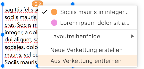 Das zweite Textfeld in einer Verkettung ist ausgewählt und ein Einblendmenü neben dem Kreis oben im Feld ist geöffnet. Im Einblendmenü ist der Menüpunkt „Aus Verkettung entfernen“ ausgewählt.