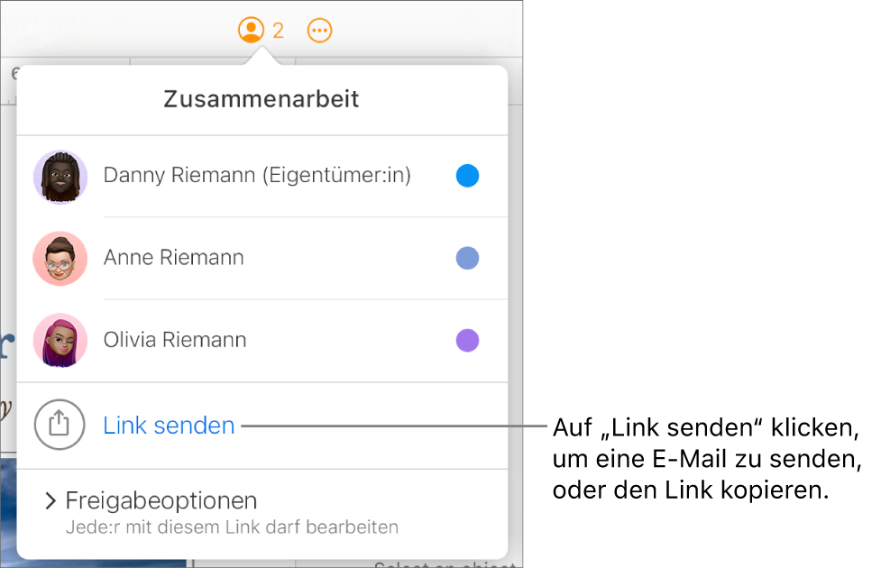 Das Menü „Zusammenarbeit“ ist geöffnet, mit einer Option „Link senden“ unter der Teilnehmerliste.