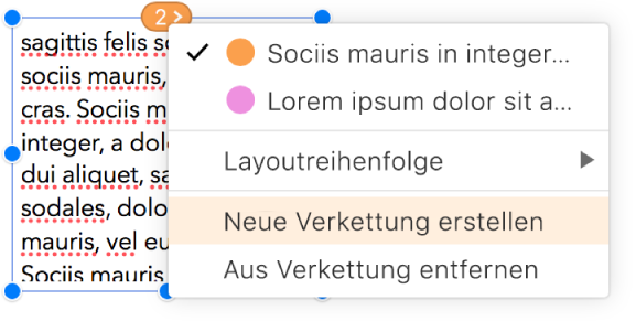 Das zweite Textfeld in einer Verkettung ist ausgewählt und ein Einblendmenü neben dem Kreis oben im Feld ist geöffnet. Im Einblendmenü ist der Menüpunkt „Neue Verkettung erstellen“ ausgewählt.