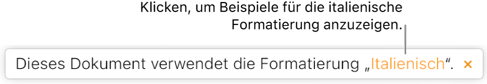 Eine Nachricht, die besagt „Dieses Dokument verwendet die Formatierung: Italienisch“.