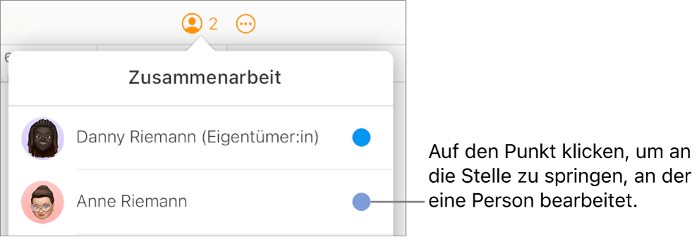 Das Menü „Zusammenarbeit“ ist geöffnet, mit zwei Teilnehmern und einem andersfarbigen Punkt rechts neben jedem Namen.