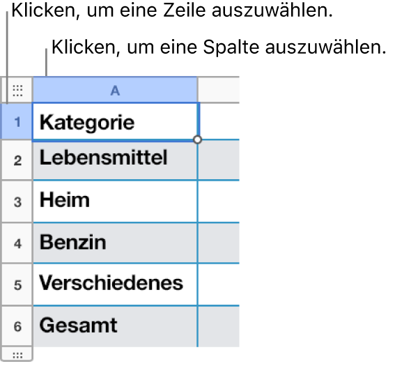 Eine ausgewählte Tabellenzeile mit Coaching-Tipps zur Zeilen- und Spaltenauswahl.