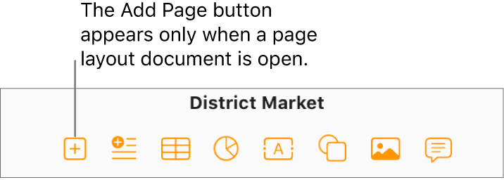 The center portion of the toolbar for a page layout document, with an Add Page button to the left of the Insert button.