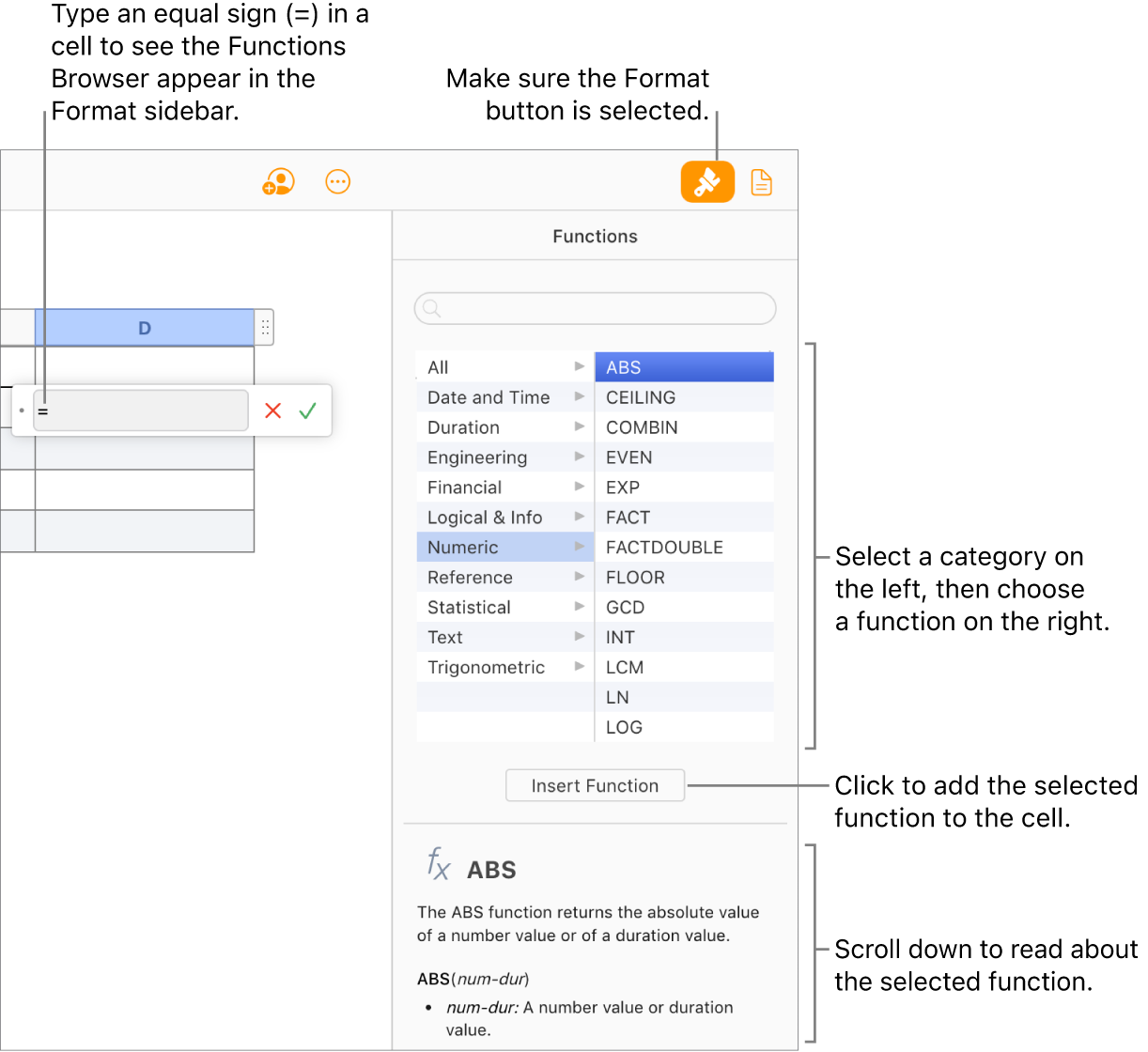 An equal sign appears in a table cell, the Format button is selected in the toolbar, and the Functions Browser appears in the Format sidebar on the right. The absolute value function is selected. A description of the function appears below the list of functions.