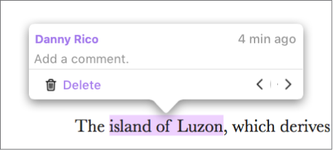 Some text is highlighted in a document, and the name of the person who added the highlight and the time it was added appear above the highlight.