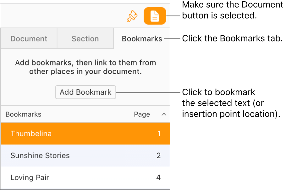 The Bookmarks tab is selected in the Document sidebar. The Add Bookmark button appears above a list of bookmarks that have already been added to the document.