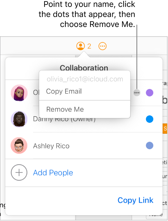 The Collaboration menu open, with the More button to the right of the first participant clicked, and a Remove Me option available.