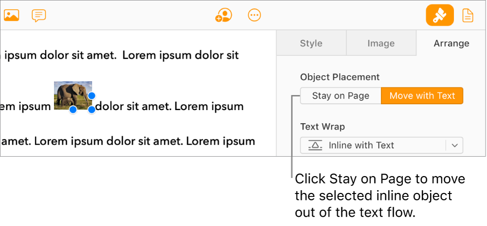 An inline image inside the document body is selected, and a Stay on Page button is visible in the Arrange tab in the sidebar.