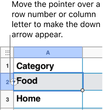 A row number is selected in a table, and a down arrow is visible to its right.