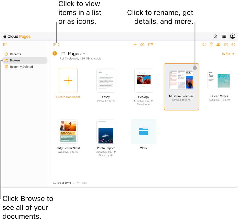 The document manager in browse view, showing Pages documents as icons in a grid. The More button (three dots) is visible in the upper-right corner of the selected document. Above the documents, the left side of the toolbar has a pop-up menu where you can choose to view items as icons or in a list. On the right side of the toolbar are buttons to download, collaborate, email, or delete.