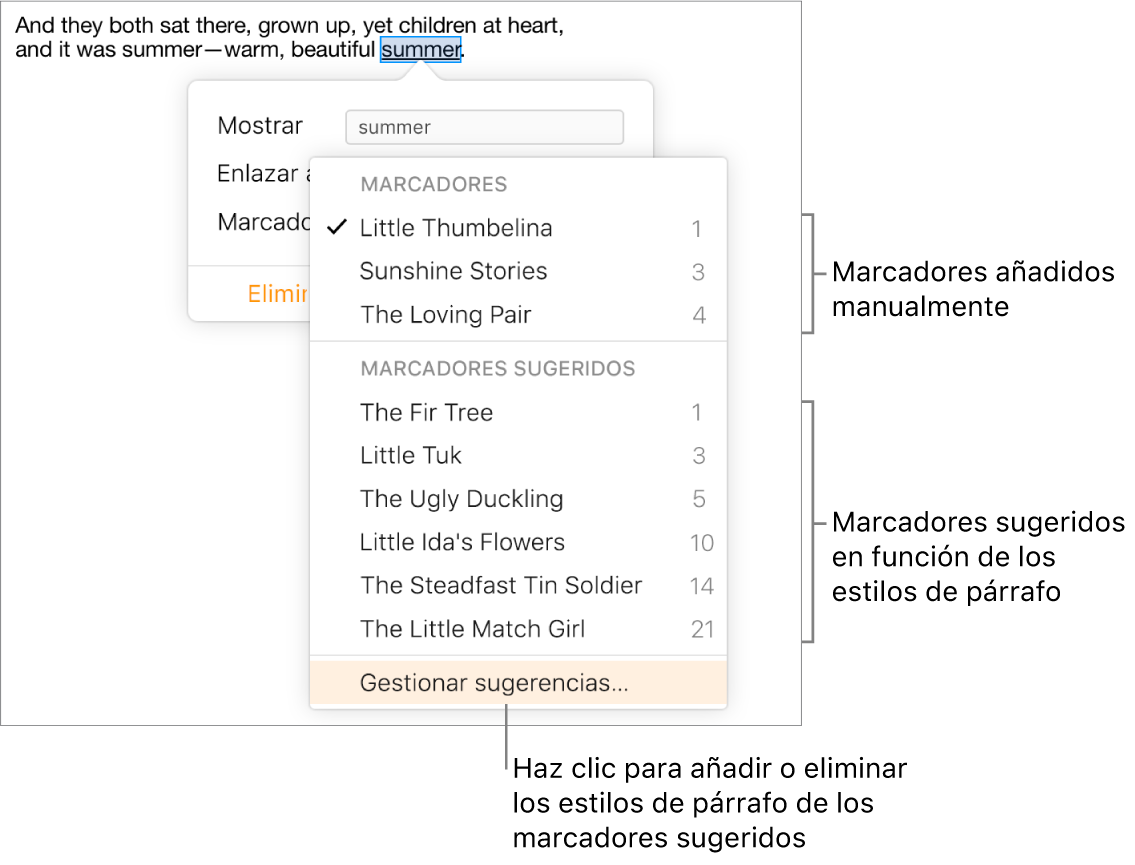 La lista de marcadores con los marcadores añadidos manualmente en la parte superior y los marcadores sugeridos en la parte inferior. “Gestionar sugerencias” aparece seleccionado al final del menú desplegable.