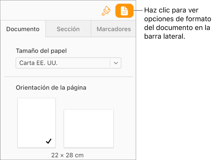 El botón Documento está seleccionado en la barra de herramientas; se muestran los controles para cambiar el tamaño y la orientación del papel en la pestaña Documento de la barra lateral.