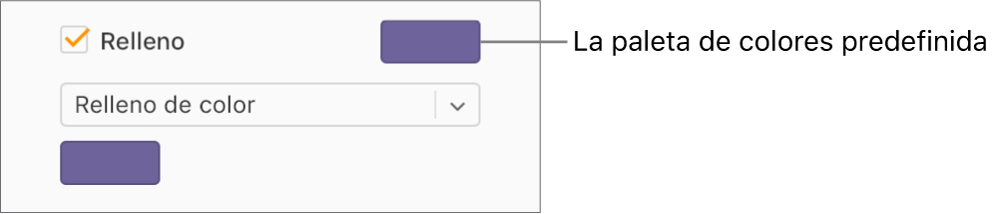 La casilla Relleno está seleccionada y la paleta de colores predefinidos de la derecha muestra el color lila. Debajo de la casilla de selección, está seleccionado “Relleno de color” en un menú desplegable.