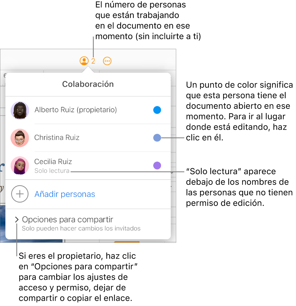 El menú Colaboración abierto, con una lista de tres participantes (uno de ellos con privilegios de acceso de “Solo lectura”), la opción “Añadir personas” y la sección “Opciones para compartir”.