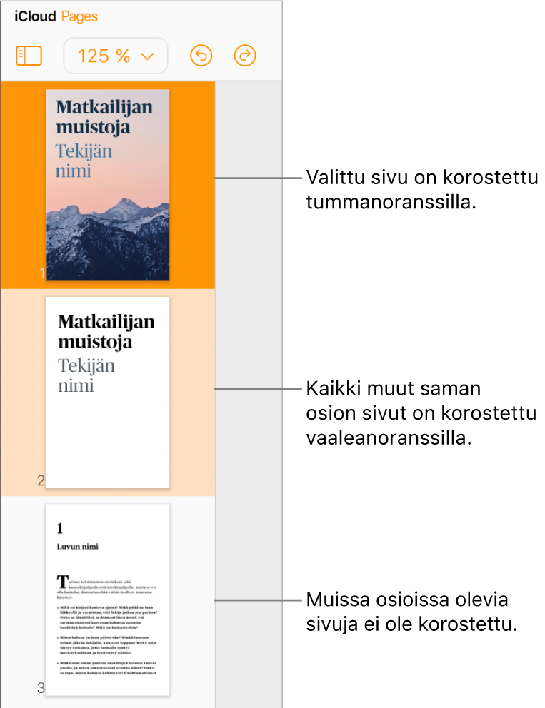 Vasemmassa sivupalkissa näkyy Sivut miniatyyrinä -näkymä ja valittu sivu korostettuna tummanoranssilla sekä toinen saman osion sivu korostettuna vaaleanoranssilla. Eri osion sivun taustaa ei ole korostettu.