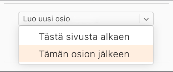 Luo uusi osio -ponnahdusvalikko on auki ja Tämän osion jälkeen -asetus on valittuna.