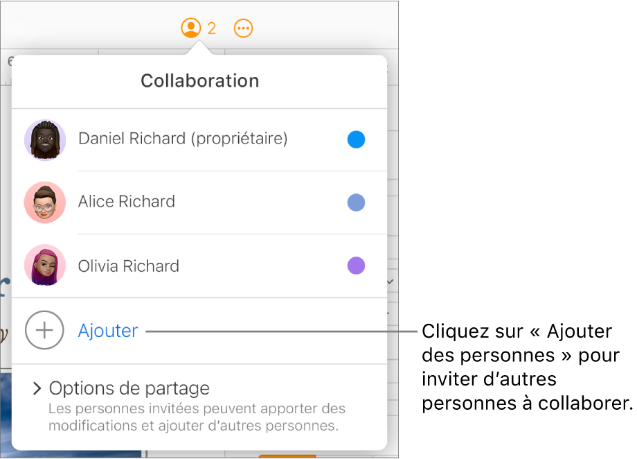 Le menu Collaboration est ouvert, avec une option Ajouter des personnes sous la liste des participants.