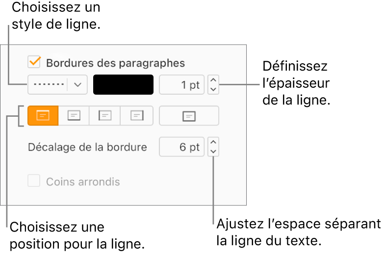 La case « Bordures des paragraphes » est cochée dans l’onglet Disposition de la barre latérale Format, et les commandes permettant de modifier le style de ligne, la couleur, l’épaisseur, la position et le décalage par rapport au texte apparaissent sous la case à cocher.