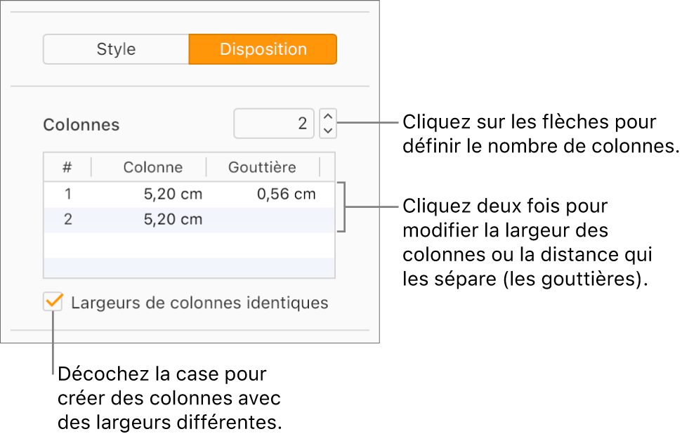 Commandes des colonnes de texte dans la section Disposition de la barre latérale Format.