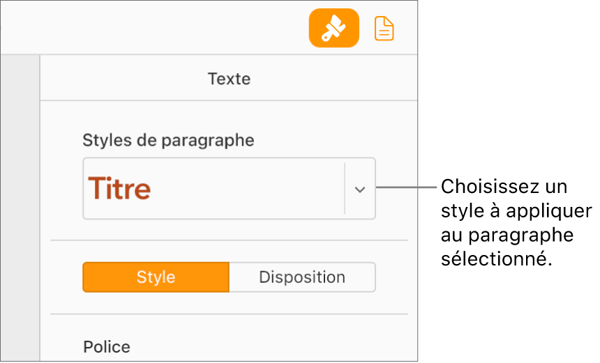 Le menu local des Styles de paragraphe dans la barre latérale Format. Le style de paragraphe En-tête, de couleur rouge et avec des caractères gras, est sélectionné.