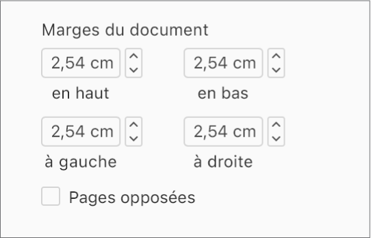 Section Marges du document de la barre latérale Document et commandes de réglage des marges du haut, du bas, de gauche et de droite.