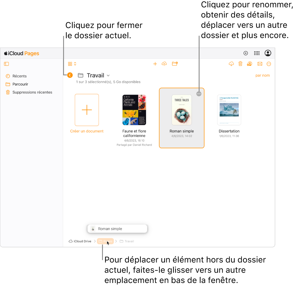 Le gestionnaire de documents en présentation de navigation, montrant le glissement d’un document vers un nouvel emplacement (le dossier Pages) au bas de la fenêtre. Sous la barre latérale, un bouton Retour s’affiche à gauche du nom du dossier en cours (Travail).