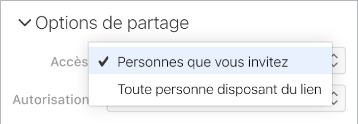 Le menu local Accès dans Options de partage.