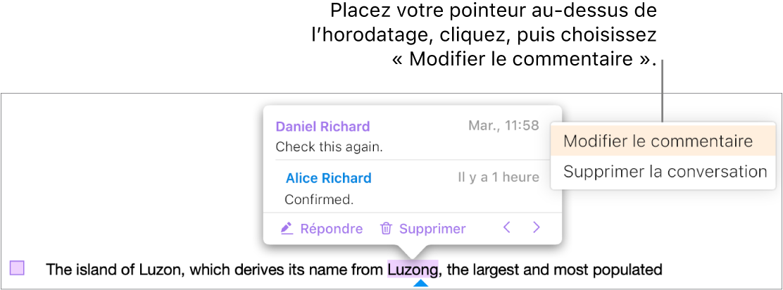 Un commentaire est ouvert, le pointeur se trouve sur l’horodatage, en haut, et le menu local propose deux options, à savoir Modifier un commentaire et Supprimer une conversation.