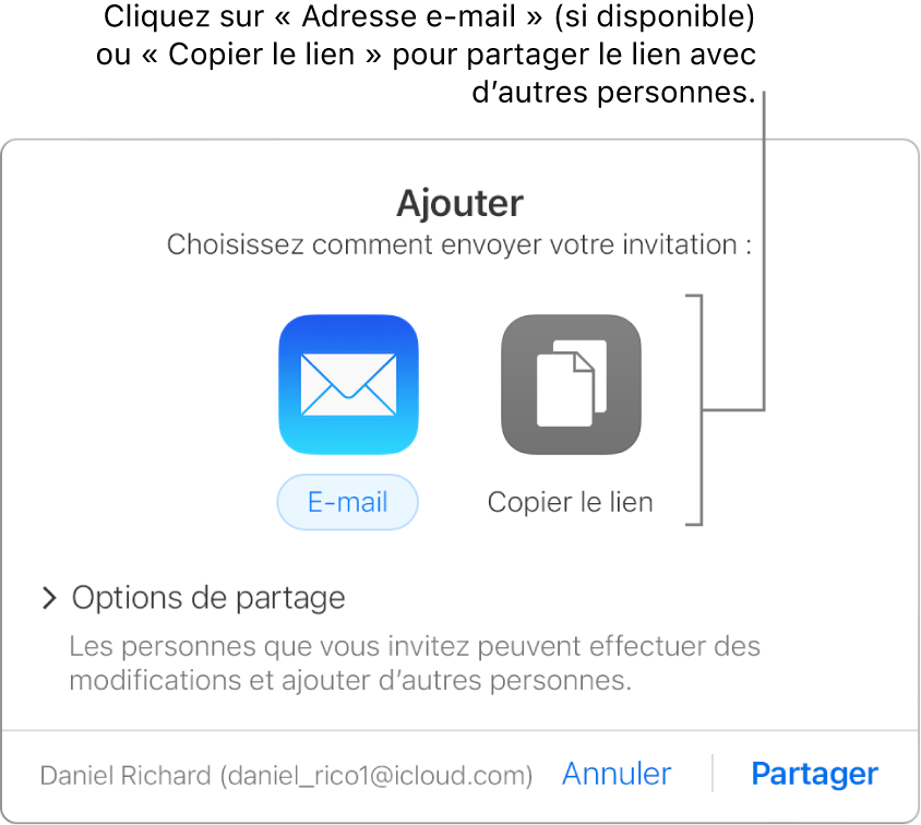 Fenêtre qui apparaît lorsque vous cliquez sur le bouton Collaboration dans la barre d’outils (avant le partage d’un document). Les boutons Adresse e-mail et Copier le lien vous permettent de choisir comment partager le document.