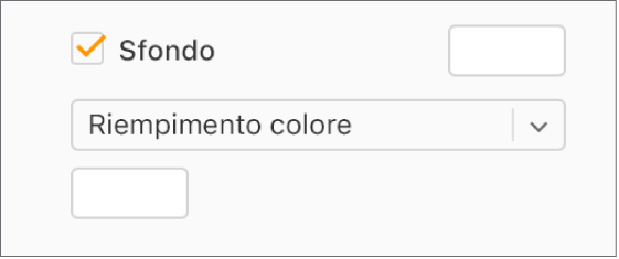 La casella Sfondo é selezionata e l’area dei colori predefinita a destra della casella ha un riempimento di colore bianco. Sotto il riquadro, nel menu a comparsa è selezionato “Riempimento colore”e, sotto di esso, l’area dei colori personalizzata ha un riempimento di colore bianco.