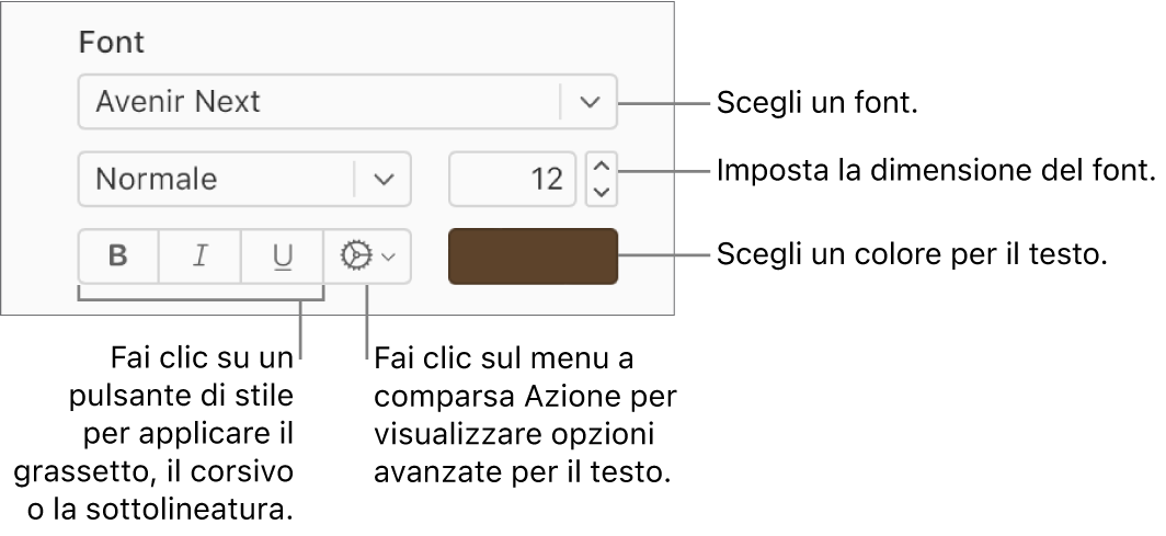 I controlli stile font e testo nella barra laterale formato.