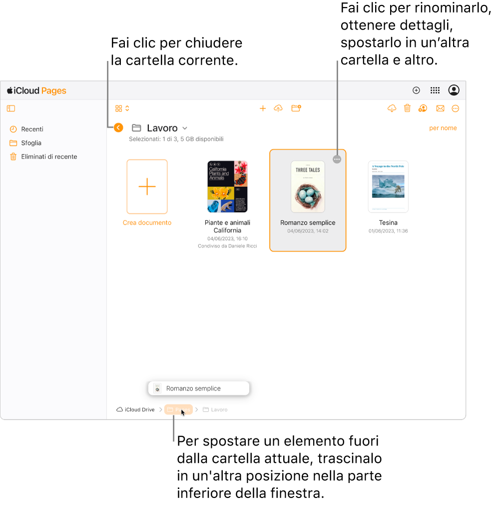 La vista Sfoglia del gestore documenti, con un documento che viene trascinato in una nuova posizione (la cartella di Pages) nella parte inferiore della finestra. Sotto la barra strumenti, il pulsante Indietro viene visualizzato a sinistra del nome della cartella visualizzata (Lavoro).