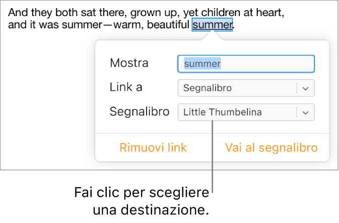 Testo selezionato e sottolineato in un documento e la finestra di collegamento mostra che il testo è collegato a un segnalibro.