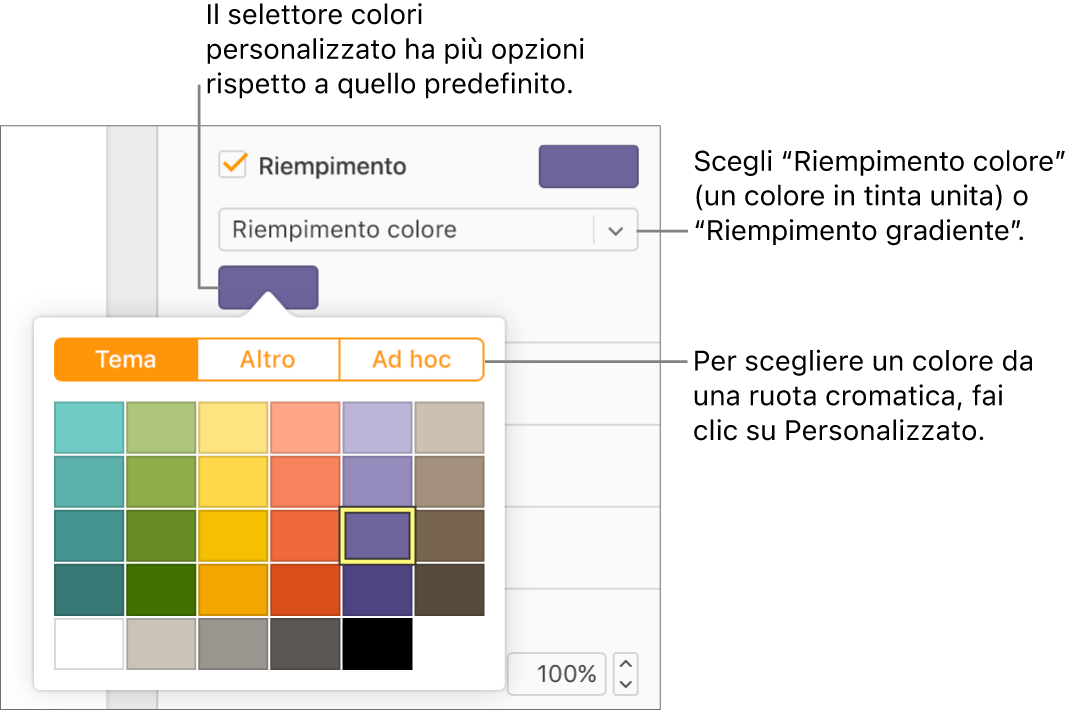 Riempimento colore è selezionato nel menu a comparsa sotto il riquadro Riempimento, e il riquadro colore sotto al menu a comparsa mostra maggiori opzioni di riempimento colore.