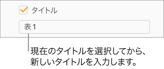 「フォーマット」サイドバーの「タイトル」チェックボックスが選択されている。チェックボックスの下のテキストフィールドには、プレースホルダの表タイトル「表1」が表示されています。